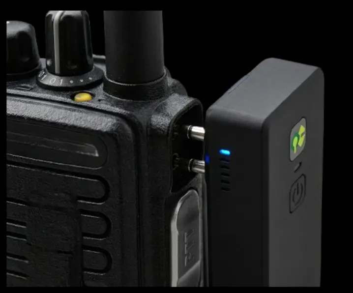 QuickComm dongle connected to walkie-talkie radio