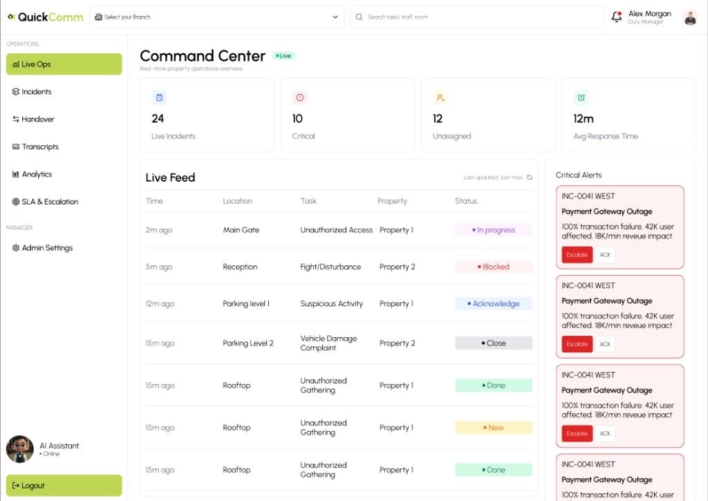 QuickComm Command Center dashboard with live incidents, activity feed, and critical alerts