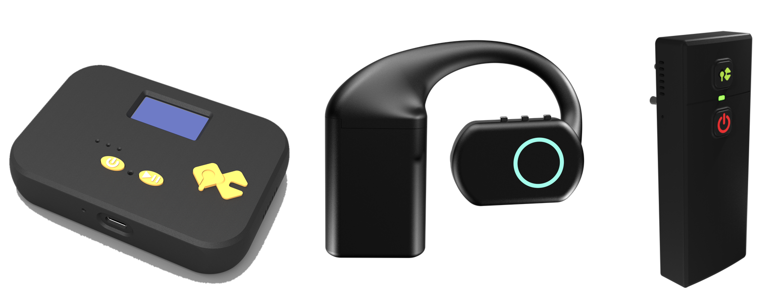 Render of the three QuickComm devices side by side: the Table Top, the over-ear Earpiece and the belt-clip Bridge Node
