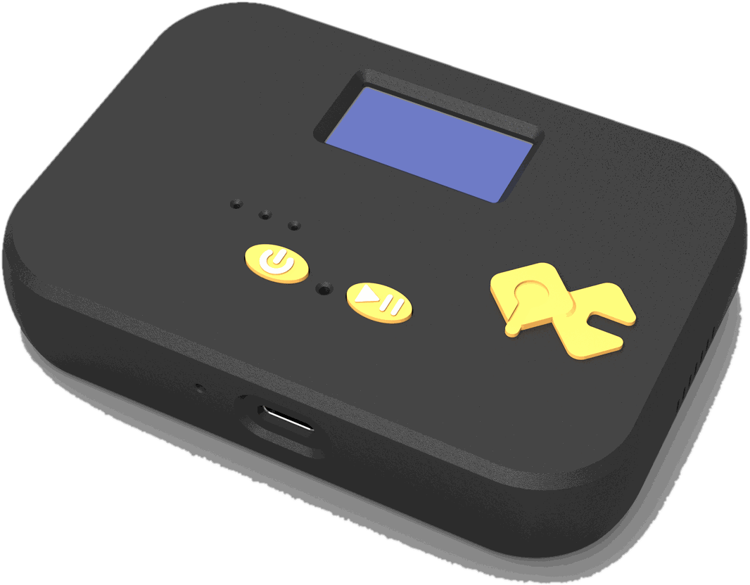Render of the black QuickComm Table Top: the recessed status display, two physical buttons, status LEDs and the QuickComm logo on its top face
